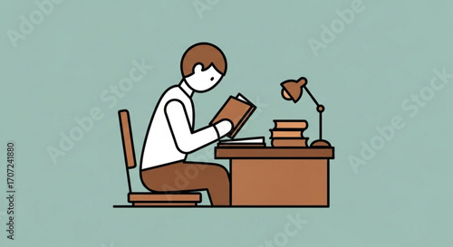 Focused student engrossed in reading a book at a desk with lamp and stacked literature, symbolizing knowledge acquisition and academic pursuit.