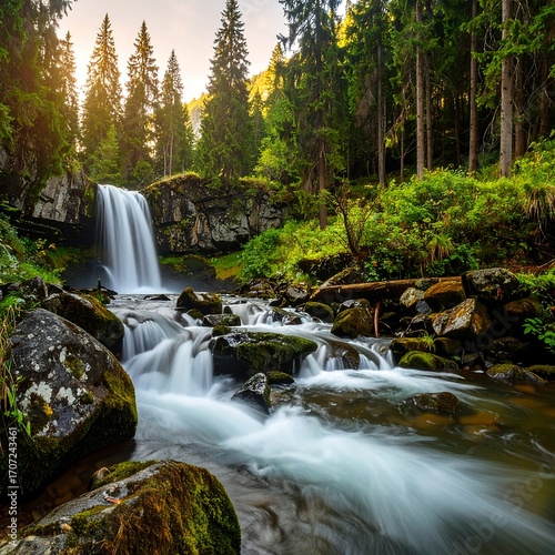 Cascade waterfall in a lush forest at dawn