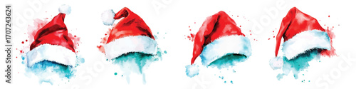 Santa Claus hats watercolor Christmas hand drawn illustration isolated on white background New Year 2026 decoration set
