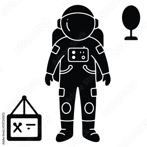 Astronaut in Space Suit with Equation Board and Martian Mushroom Silhouette Illustration Art