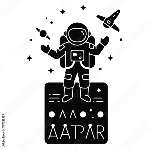 Astronaut standing on a graphic module in a space environment with spaceship and stars vector illustration for logo or icon design