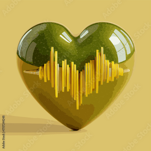 Conceptual 3D illustration of a vibrant green heart with a pulsating yellow soundwave, symbolizing the rhythm of life and love