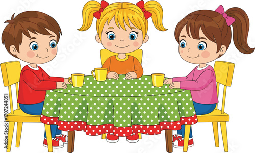 Cartoon children sitting around table, tea party scene, cheerful kids illustration, friendship, social gathering, colorful decor, playful moment, happy faces