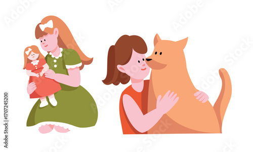 The Affection of Children Delightful Girls with Their Cherished Doll and Playful Dog Companions