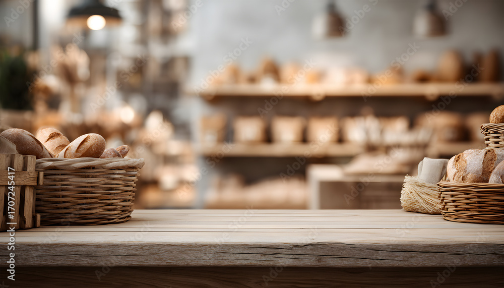 Obraz premium Bakery. Minimalistic bakery showcase background with an empty wooden counter, blurred bread baskets behind, bakery brand design, a background perfect for creating a corporate identity