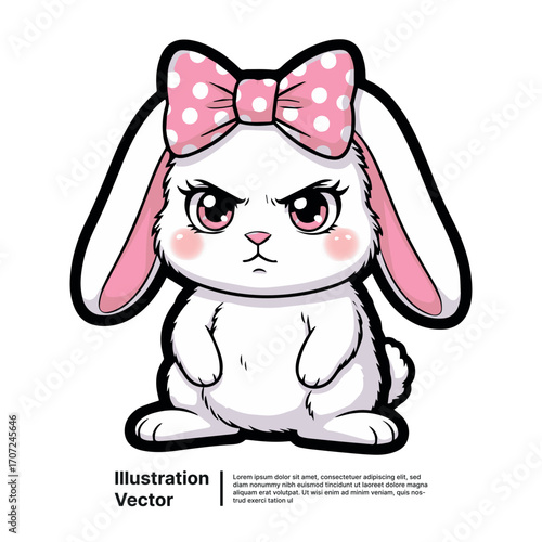 Cute angry kawaii rabbit cartoon with a pink polka dot bow expressing frustration