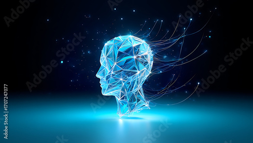 Futuristic Glowing Blue Digital Human Head Profile with Low Poly Wireframe and Data Connection Lines
