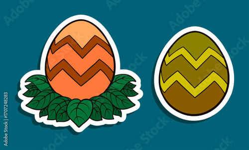 Cute Dinosaur Egg Stickers Orange Chevron and Brown Zigzag