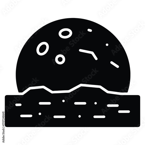 Minimalist black and white planet landscape concept with celestial body over rough terrain and simple design elements graphic illustration