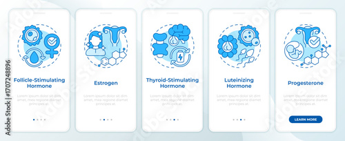 Hormones blue onboarding mobile app screen. Women health support. Walkthrough 5 steps editable graphic instructions with linear concepts. UI, UX, GUI. Montserrat SemiBold, Regular fonts used
