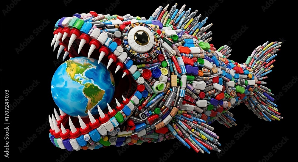 Fototapeta premium A monstrous fish, constructed from plastic waste, devours a miniature Earth, highlighting pollution's global impact.