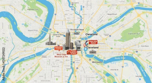 Detailed Cleveland City Map with Highlighted Landmarks and River Features in Urban Setting
