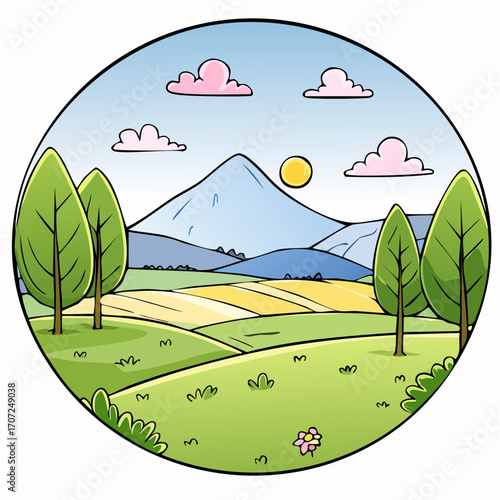 abstract spring landscape with green hills and fog, vector illustration