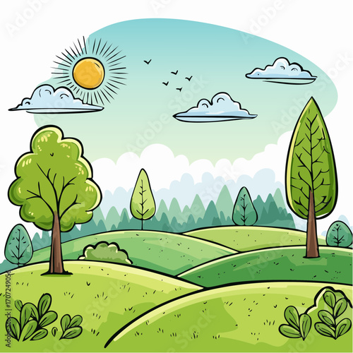 abstract spring landscape with green hills and fog, vector illustration