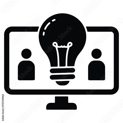 Online brainstorming session with team members generating innovative ideas represented by a lightbulb on computer screen business collaboration concept