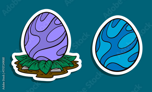 Cute Dinosaur Egg Stickers Purple Waves and Aqua Swirl