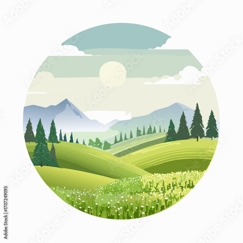 abstract spring landscape with green hills and fog, vector illustration