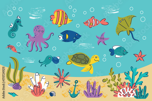 Flat cartoon vector illustration of underwater scene with marine life. Colorful coral reef, seaweed, fish and tropical animals. Children design element for education, decoration and ocean themes
