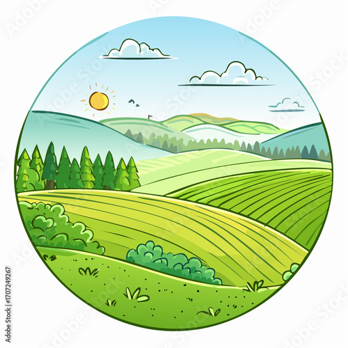 abstract spring landscape with green hills and fog, vector illustration