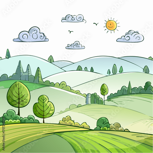 abstract spring landscape with green hills and fog, vector illustration