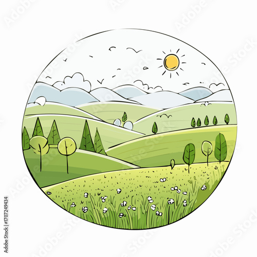 abstract spring landscape with green hills and fog, vector illustration