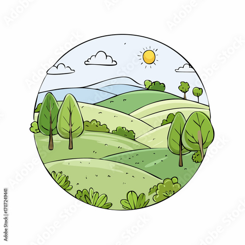 abstract spring landscape with green hills and fog, vector illustration