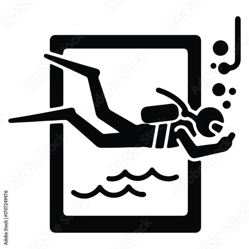Scuba diver swimming underwater in black silhouette framed in a rectangle ocean adventure and aquatic exploration concept illustration water sport symbol
