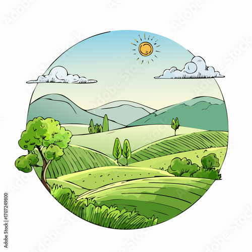 abstract spring landscape with green hills and fog, vector illustration