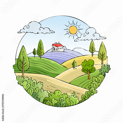 abstract spring landscape with green hills and fog, vector illustration