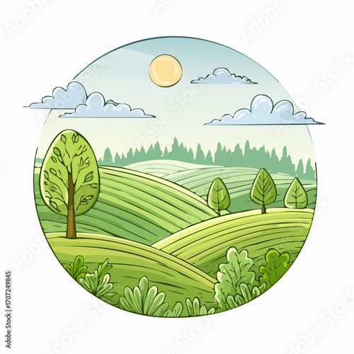 abstract spring landscape with green hills and fog, vector illustration