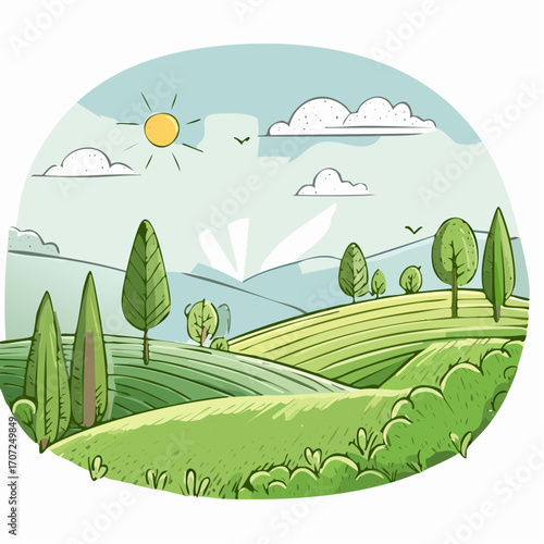 abstract spring landscape with green hills and fog, vector illustration