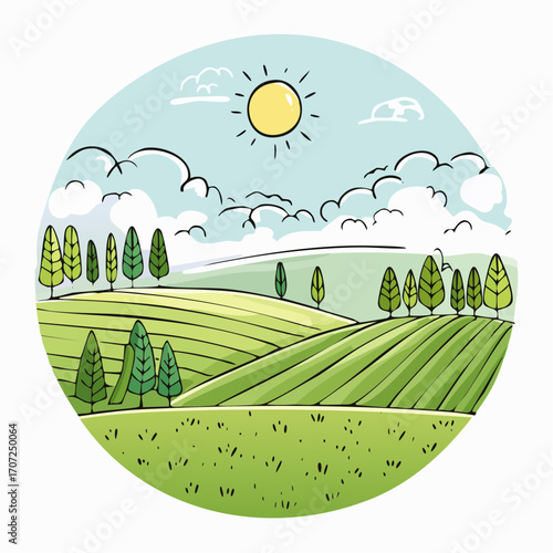 abstract spring landscape with green hills and fog, vector illustration