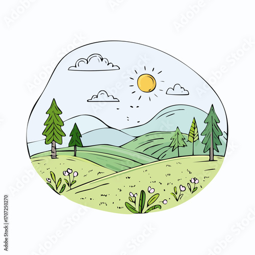 abstract spring landscape with green hills and fog, vector illustration