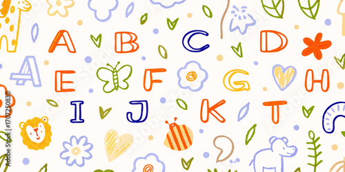Cute hand drawn alphabet letters and animals seamless pattern for kids