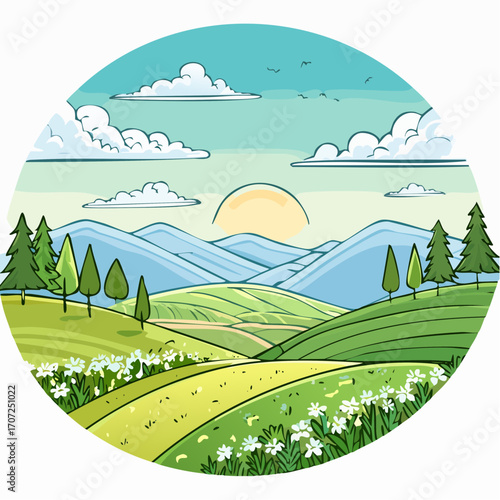 abstract spring landscape with green hills and fog, vector illustration