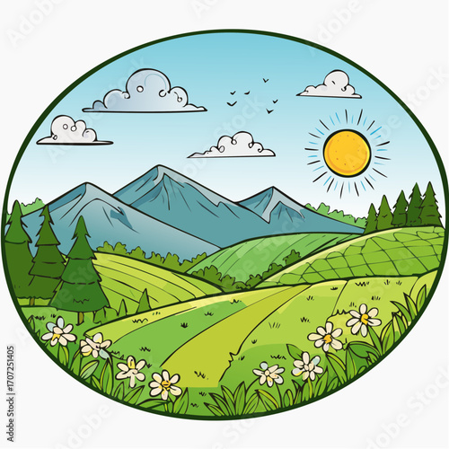 abstract spring landscape with green hills and fog, vector illustration