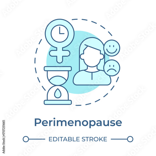 Perimenopause soft blue concept icon. Fluctuate estrogen levels, irregular menstrual cycles. Menopause stage. Round shape line illustration. Abstract idea. Graphic design. Easy to use in blog post