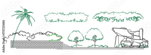 Cad tree line minimal style, set of graphics trees elements outline symbol for architecture and landscape design drawing. Vector illustration.