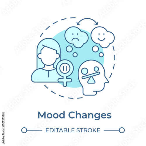 Mood changes soft blue concept icon. Hormonal fluctuation impact on emotional state. Menopause symptom. Round shape line illustration. Abstract idea. Graphic design. Easy to use in blog post