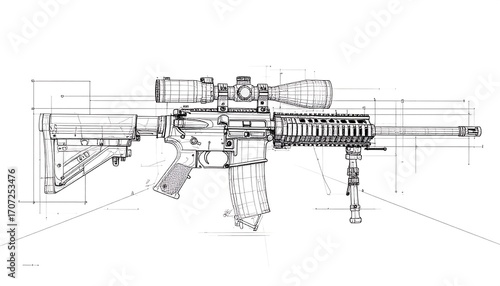 Detailed technical drawing of a rifle, featuring exploded view and construction lines
