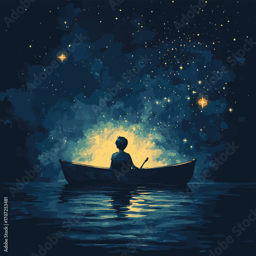 A Boy Contemplates the Starry Night from His Small Boat , vector style simple color