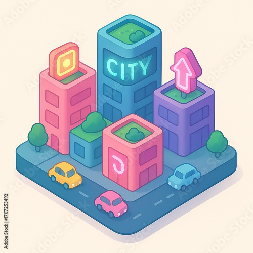 Isometric Futuristic City Block Vector Illustration with Pastel Buildings and Neon Signs