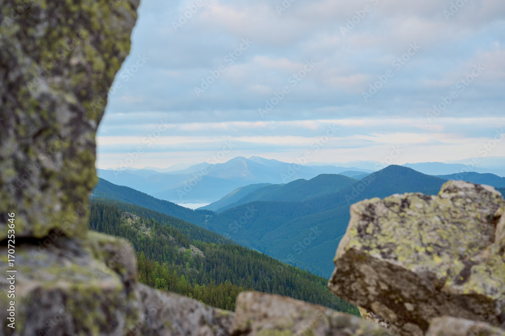 Fototapeta premium Rocky background in the mountains. Scenic view of the morning mountains. Carpathian vivid landscapes.