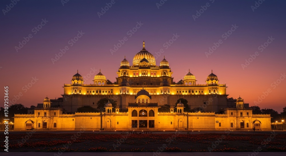 Fototapeta premium Ayodhya Festival of Lights banner background, palace glowing on festive gradient 