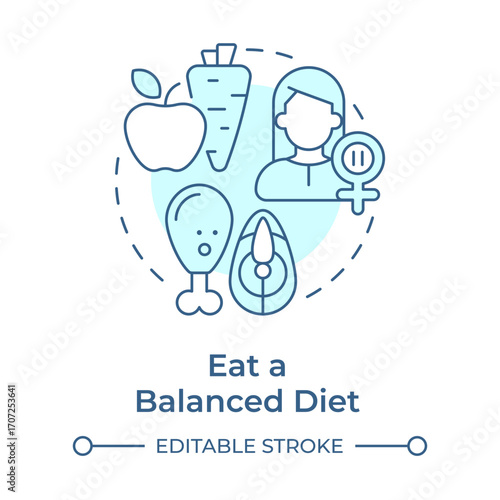 Eat balanced diet soft blue concept icon. Reduce climacteric symptoms. Menopause prevention. Women health. Round shape line illustration. Abstract idea. Graphic design. Easy to use in blog post