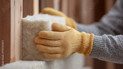 Knitted work gloves holding insulation material during home construction project, worker hands with protective equipment for building renovation