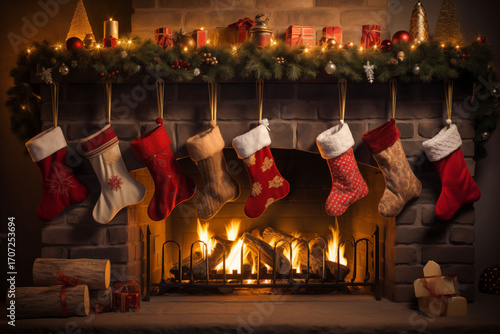 Christmas stockings hanging on the cozy holiday fireplace