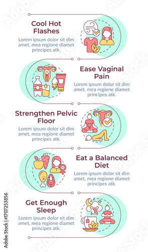 Menopause prevention infographic vertical sequence. Age changes. Gynecological treatment. Visualization infochart with 5 steps. Circles workflow. Montserrat SemiBold, Lato Regular fonts used