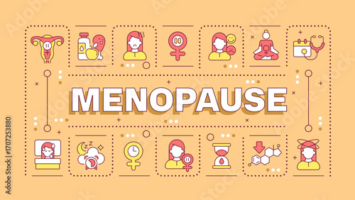 Menopause orange word concept. Finishing reproductive stage. mature women health. Gynecology. Typography banner. Vector illustration with title text, editable icons color. Hubot Sans font used