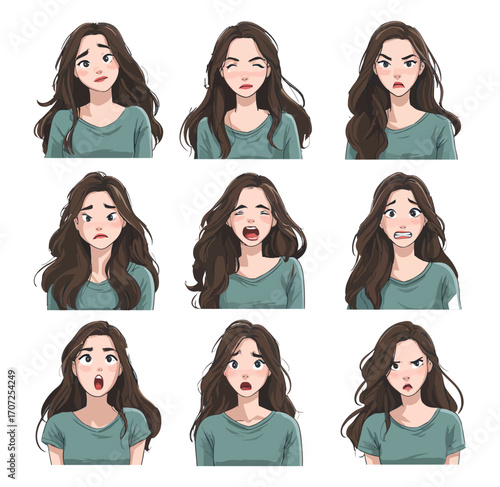 A cartoon girl displaying various emotional expressions arranged in a three by three grid pattern.